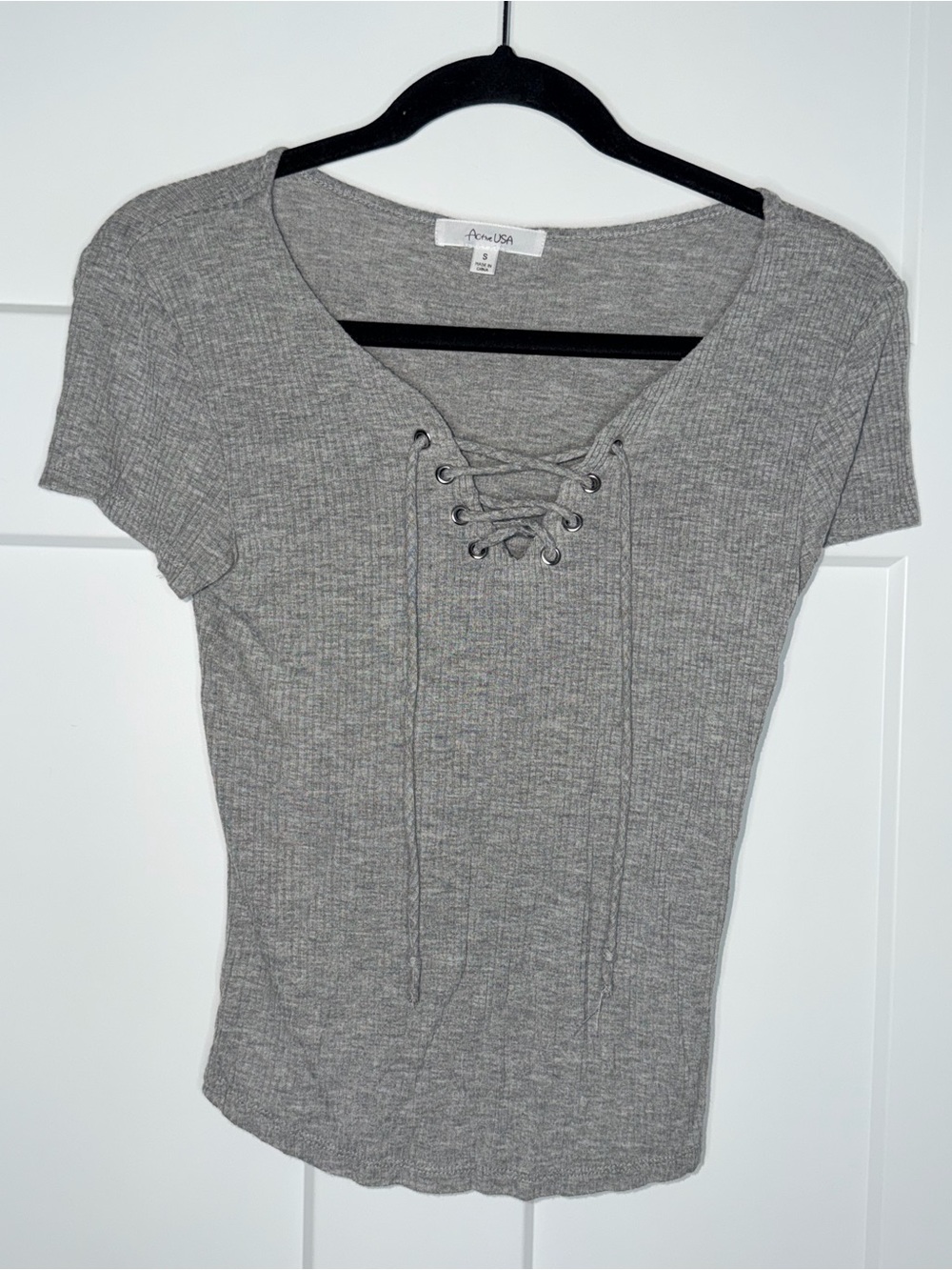 Gray Ribbed Lace Up Short Sleeve
